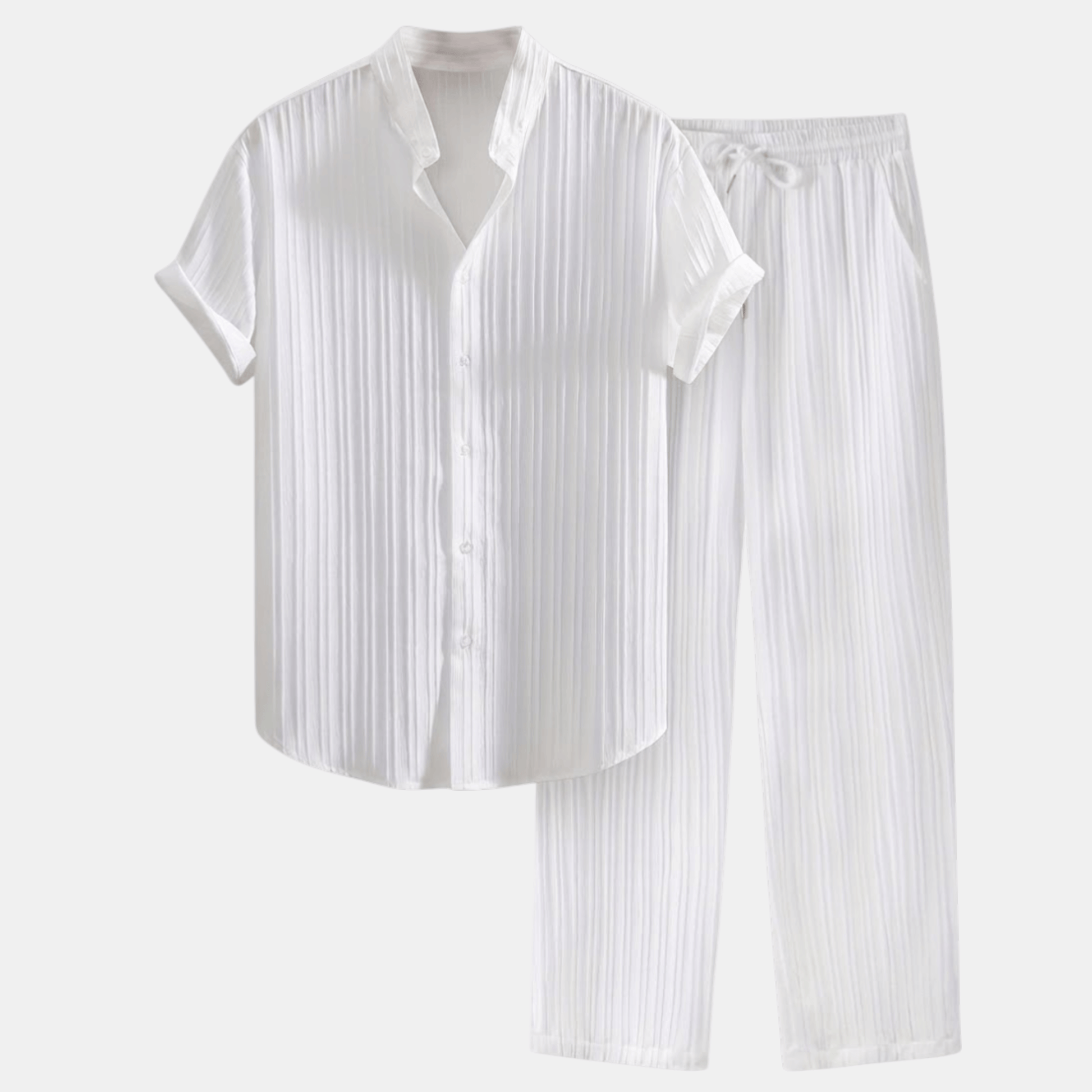 Stylish Men's Outfit | Pleated Short Sleeve Shirt & Drawstring Trousers Set for Comfortable Summer Wear 0