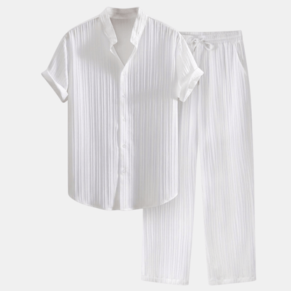 Stylish Men's Outfit | Pleated Short Sleeve Shirt & Drawstring Trousers Set for Comfortable Summer Wear 0