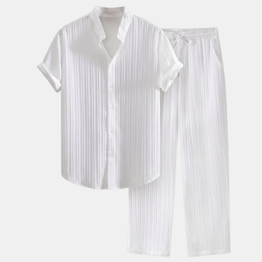 Stylish Men's Outfit | Pleated Short Sleeve Shirt & Drawstring Trousers Set for Comfortable Summer Wear 0