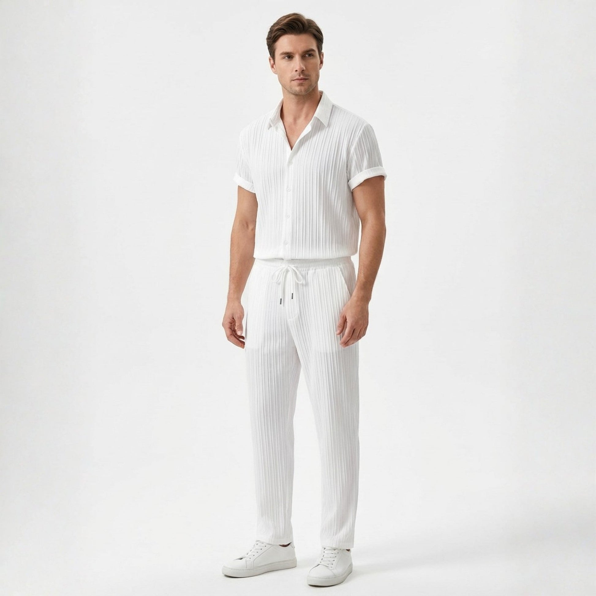 Stylish Men's Outfit | Pleated Short Sleeve Shirt & Drawstring Trousers Set for Comfortable Summer Wear 1