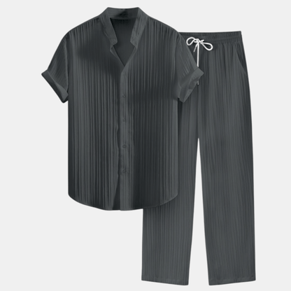Stylish Men's Outfit | Pleated Short Sleeve Shirt & Drawstring Trousers Set for Comfortable Summer Wear 10