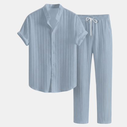 Stylish Men's Outfit | Pleated Short Sleeve Shirt & Drawstring Trousers Set for Comfortable Summer Wear 12