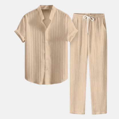 Stylish Men's Outfit | Pleated Short Sleeve Shirt & Drawstring Trousers Set for Comfortable Summer Wear 13
