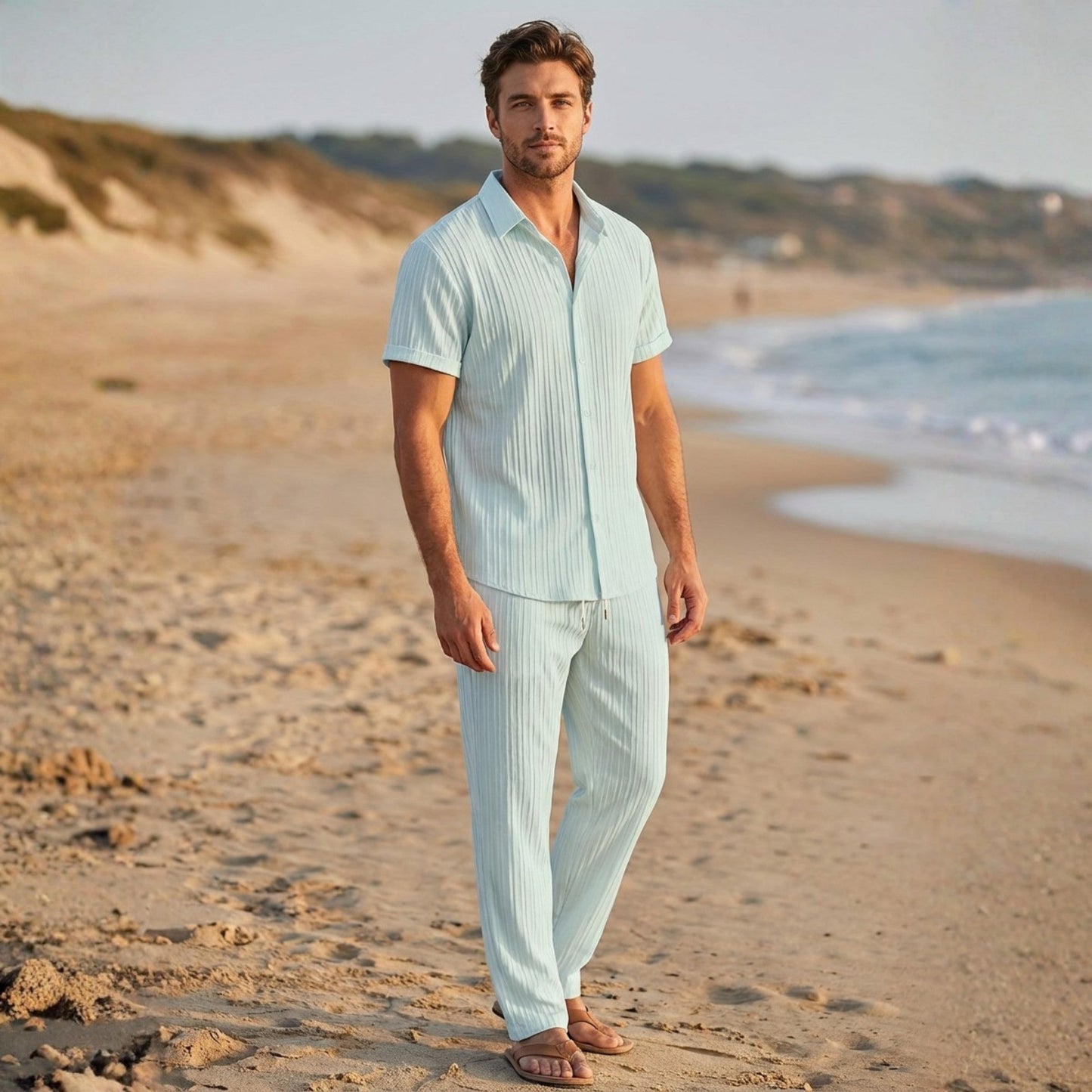 Stylish Men's Outfit | Pleated Short Sleeve Shirt & Drawstring Trousers Set for Comfortable Summer Wear 2
