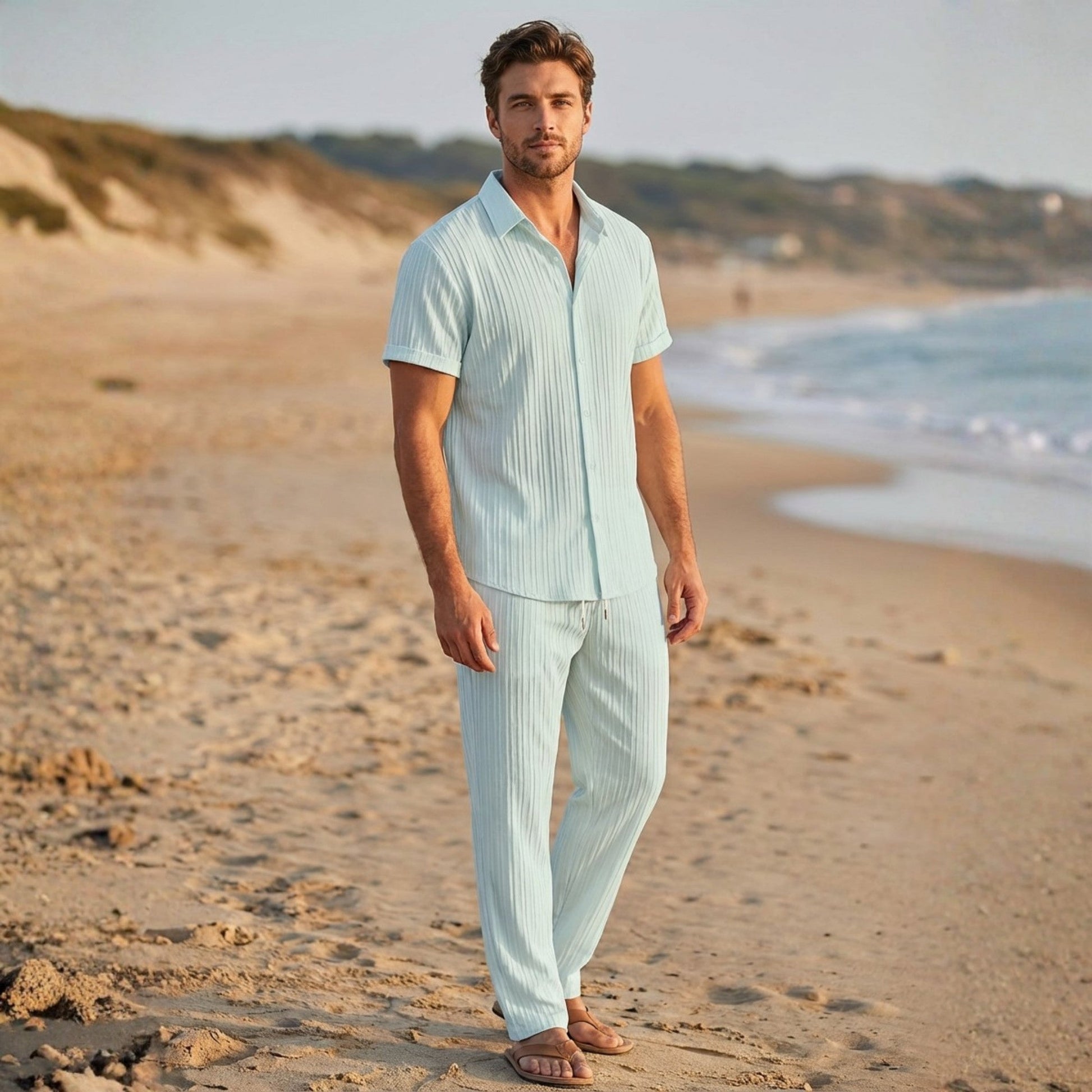 Stylish Men's Outfit | Pleated Short Sleeve Shirt & Drawstring Trousers Set for Comfortable Summer Wear 2