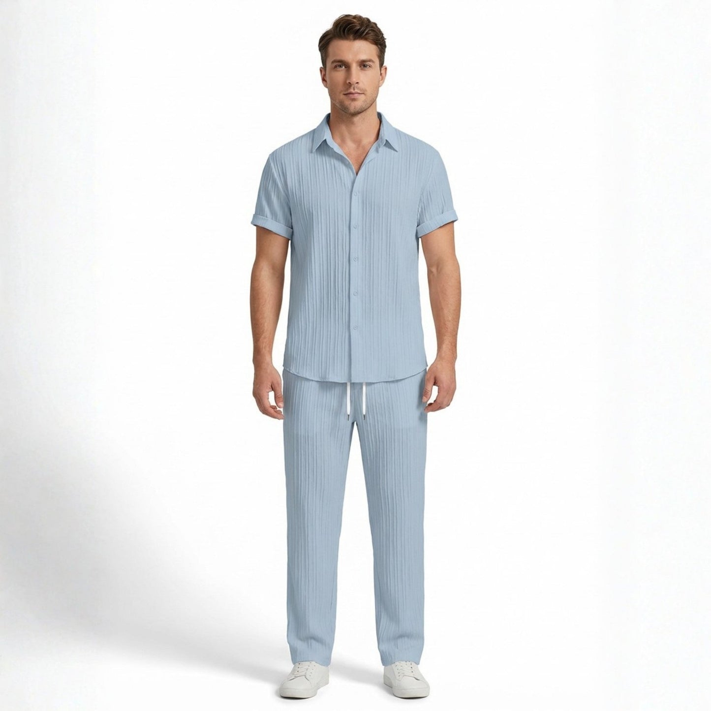 Stylish Men's Outfit | Pleated Short Sleeve Shirt & Drawstring Trousers Set for Comfortable Summer Wear 3