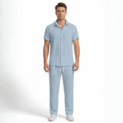 Stylish Men's Outfit | Pleated Short Sleeve Shirt & Drawstring Trousers Set for Comfortable Summer Wear 3