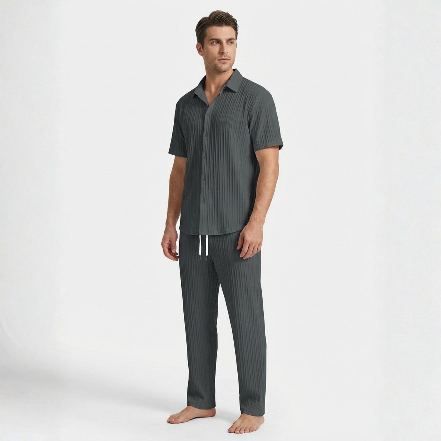 Stylish Men's Outfit | Pleated Short Sleeve Shirt & Drawstring Trousers Set for Comfortable Summer Wear 4