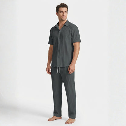 Stylish Men's Outfit | Pleated Short Sleeve Shirt & Drawstring Trousers Set for Comfortable Summer Wear 4
