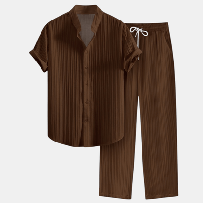 Stylish Men's Outfit | Pleated Short Sleeve Shirt & Drawstring Trousers Set for Comfortable Summer Wear 6