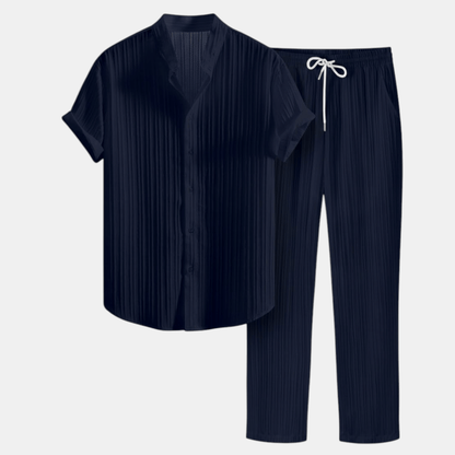 Stylish Men's Outfit | Pleated Short Sleeve Shirt & Drawstring Trousers Set for Comfortable Summer Wear 7