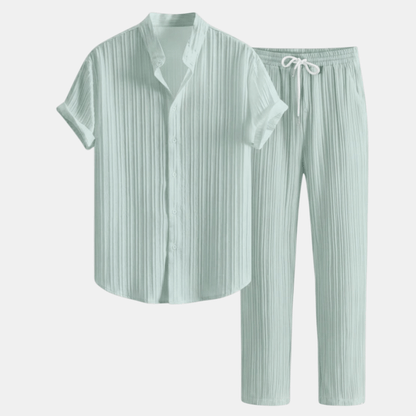 Stylish Men's Outfit | Pleated Short Sleeve Shirt & Drawstring Trousers Set for Comfortable Summer Wear 9