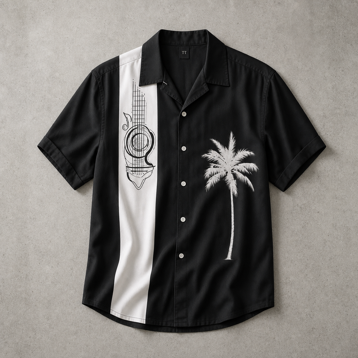 Men's Bowling Shirt - Retro Guitar Print Short Sleeve