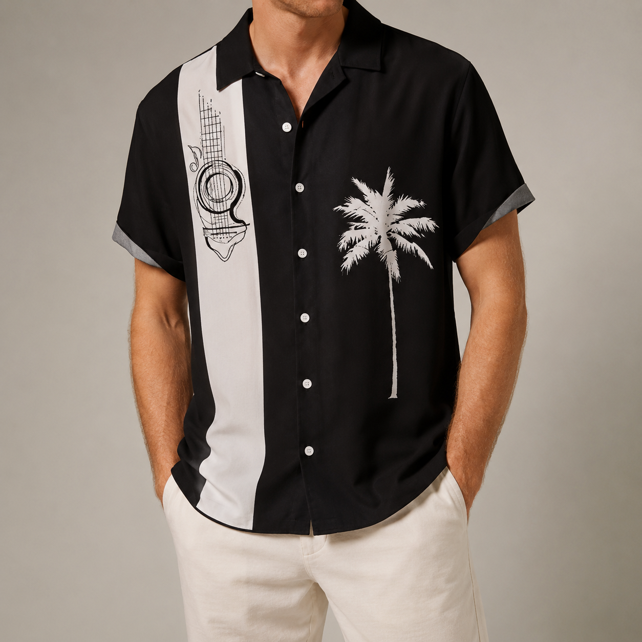 Men's Bowling Shirt - Retro Guitar Print Short Sleeve
