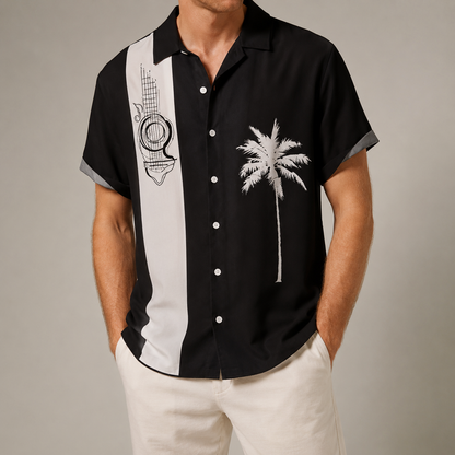 Men's Bowling Shirt - Retro Guitar Print Short Sleeve