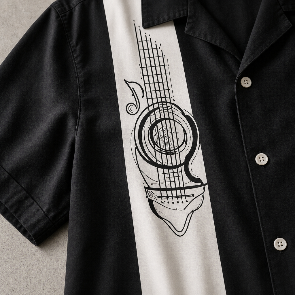 Men's Bowling Shirt - Retro Guitar Print Short Sleeve