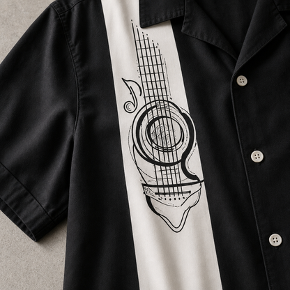Men's Bowling Shirt - Retro Guitar Print Short Sleeve