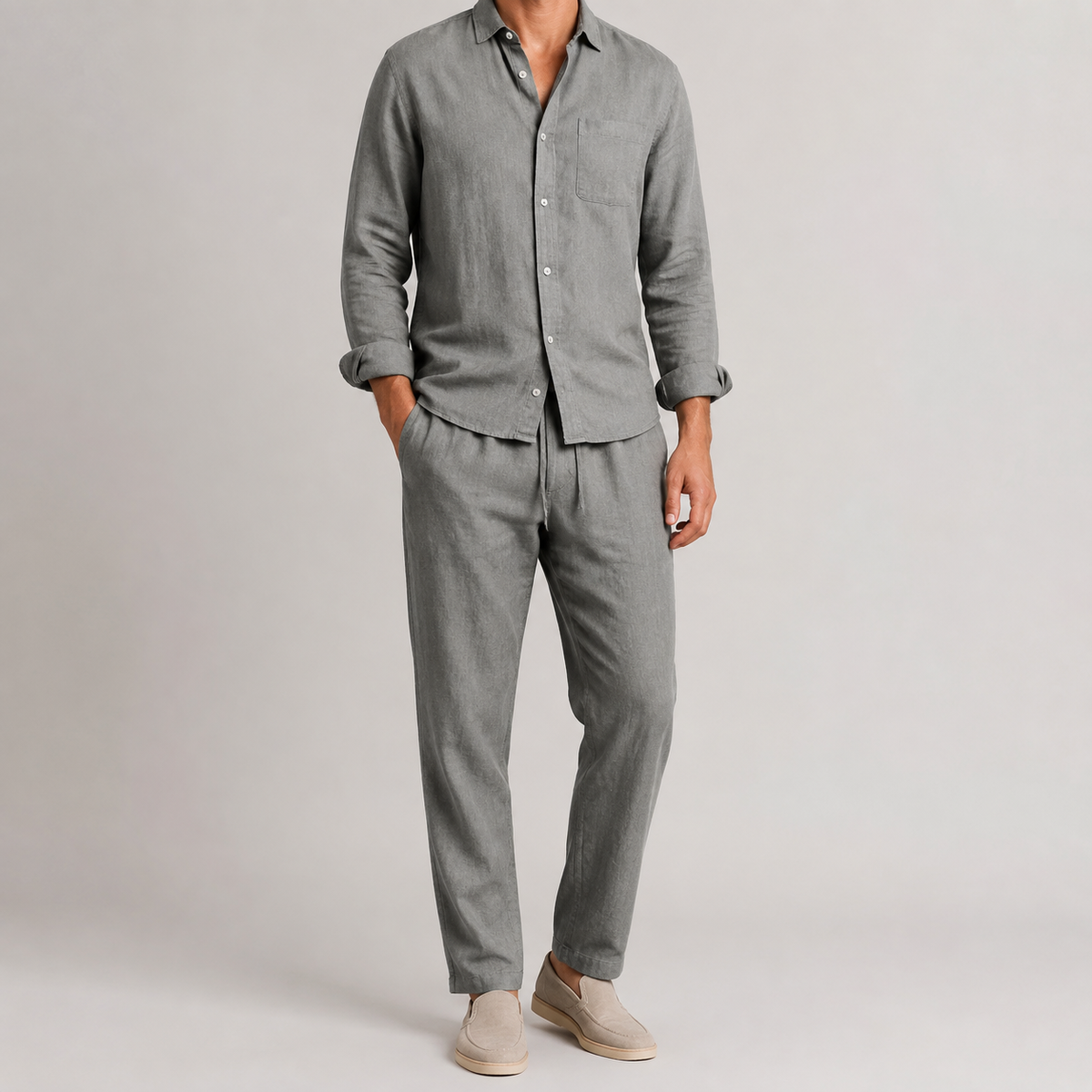 Men's Linen Blend Shirt and Pants Set - Casual Two Piece Outfit
