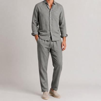 Men's Linen Blend Shirt and Pants Set - Casual Two Piece Outfit
