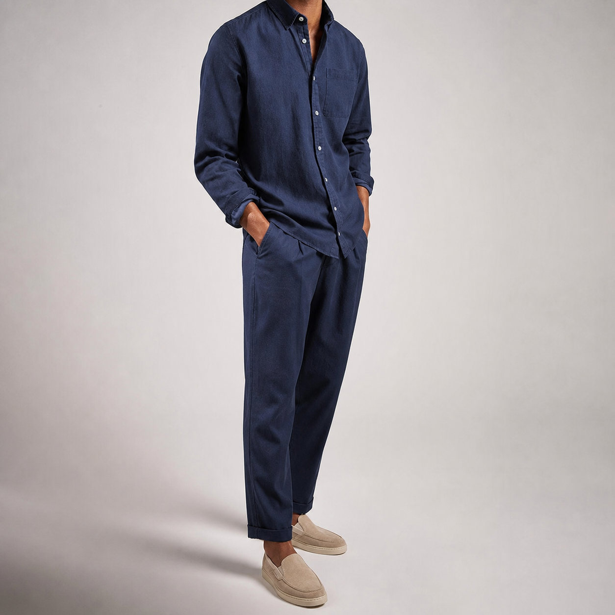 Men's Linen Blend Shirt and Pants Set - Casual Two Piece Outfit