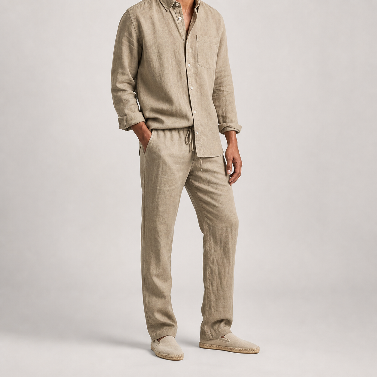 Men's Linen Blend Shirt and Pants Set - Casual Two Piece Outfit