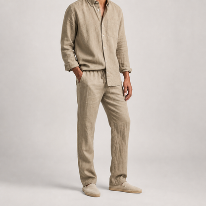Men's Linen Blend Shirt and Pants Set - Casual Two Piece Outfit