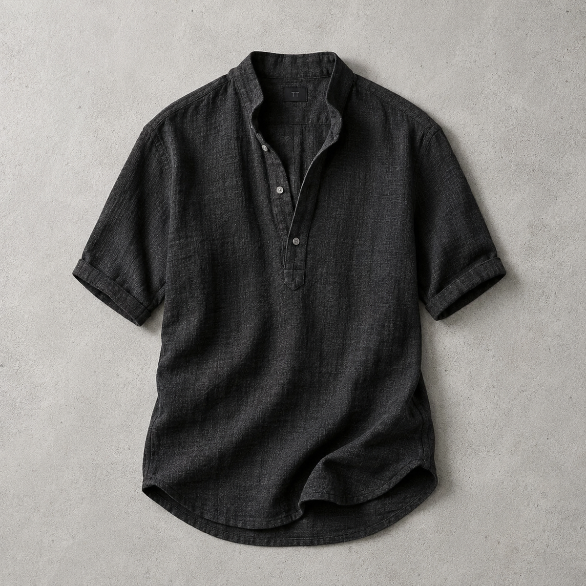 Men's Band Collar Shirt - Short Sleeve Casual Popover