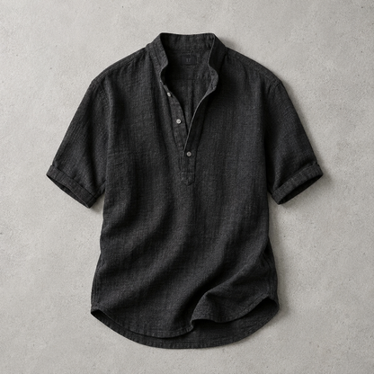 Men's Band Collar Shirt - Short Sleeve Casual Popover