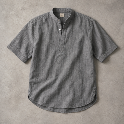 Men's Band Collar Shirt - Short Sleeve Casual Popover