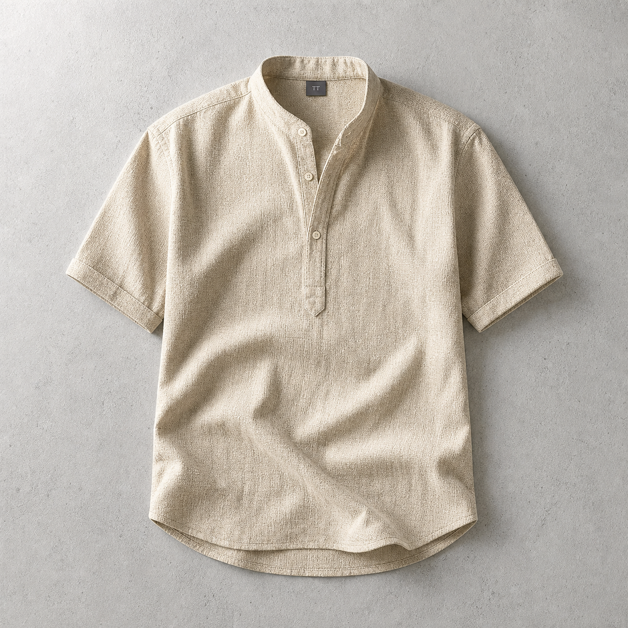 Men's Band Collar Shirt - Short Sleeve Casual Popover