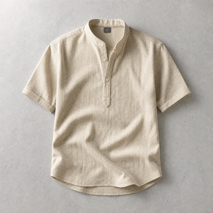 Men's Band Collar Shirt - Short Sleeve Casual Popover