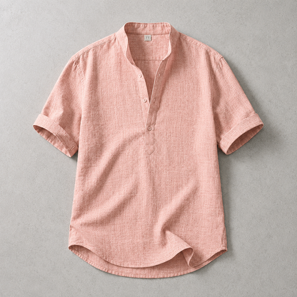 Men's Band Collar Shirt - Short Sleeve Casual Popover