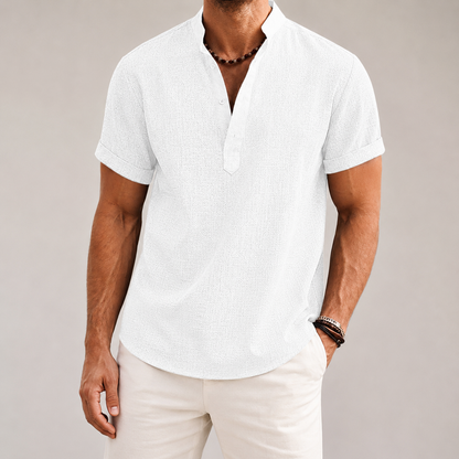 Men's Band Collar Shirt - Short Sleeve Casual Popover