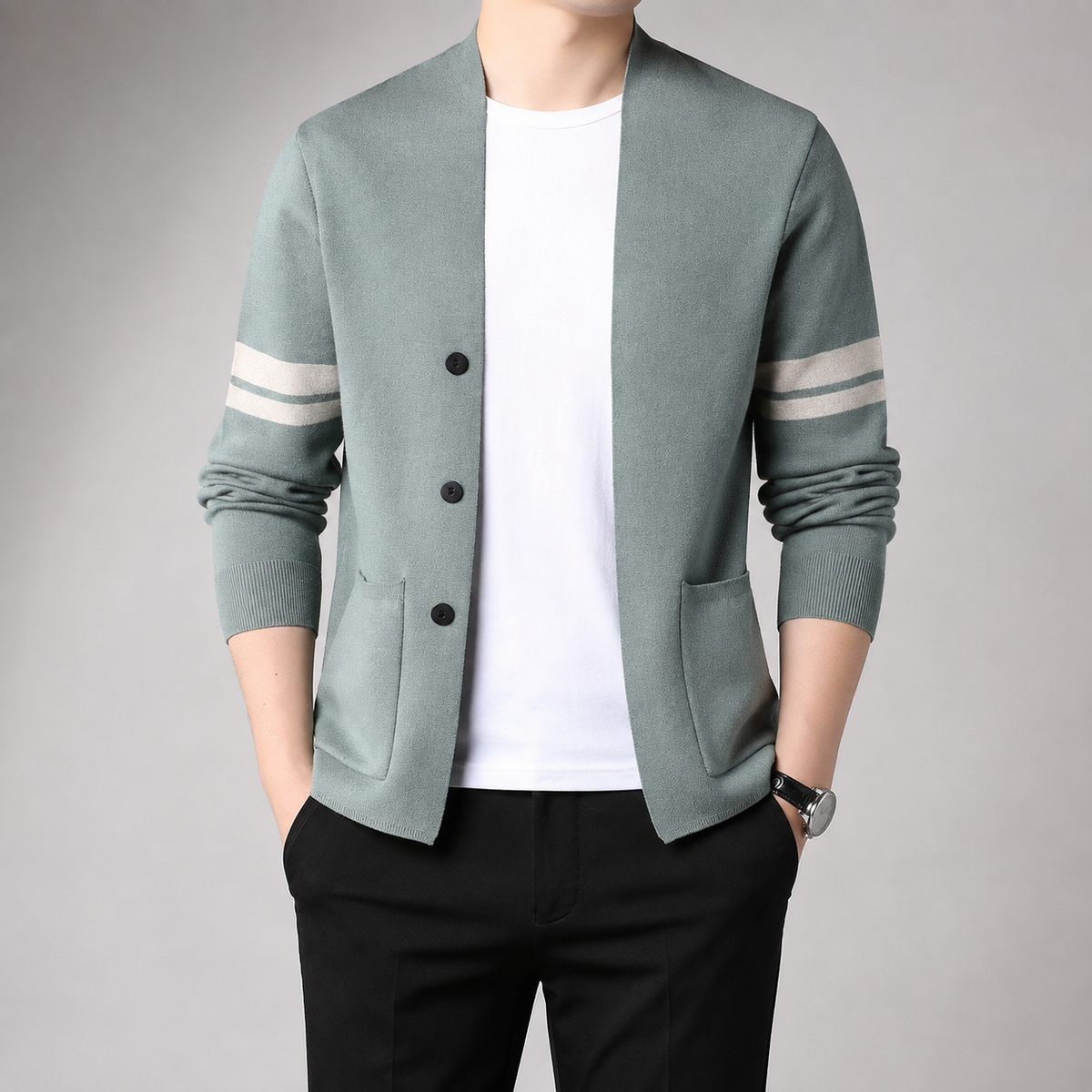 Men's Knit Cardigan - Striped Sleeve Button Front Sweater