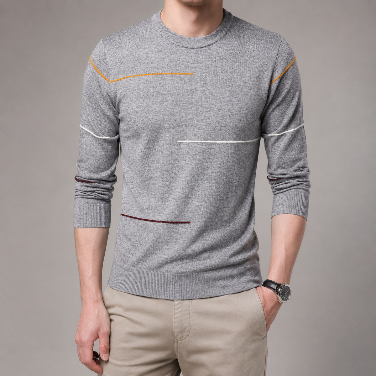 Men's Crew Neck Sweater - Contrast Stripe Knit Pullover