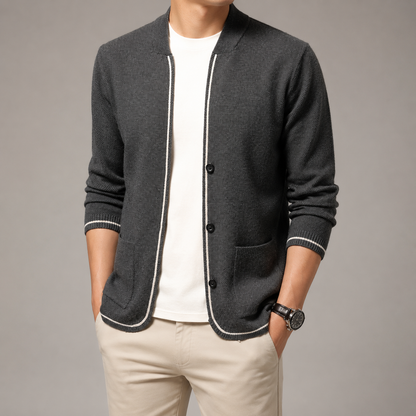 Men's Knit Cardigan - Tipped Trim Button Front Sweater