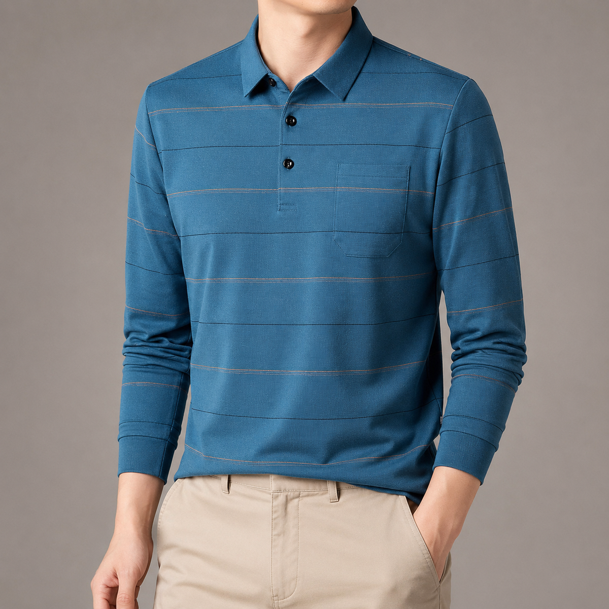 Men's Long Sleeve Polo Shirt - Striped Knit Casual Sweater