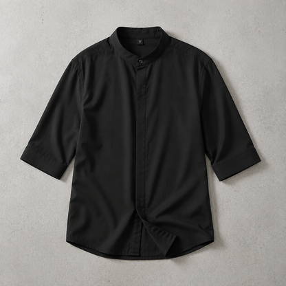 Men's Band Collar Shirt - Short Sleeve Casual Button Down