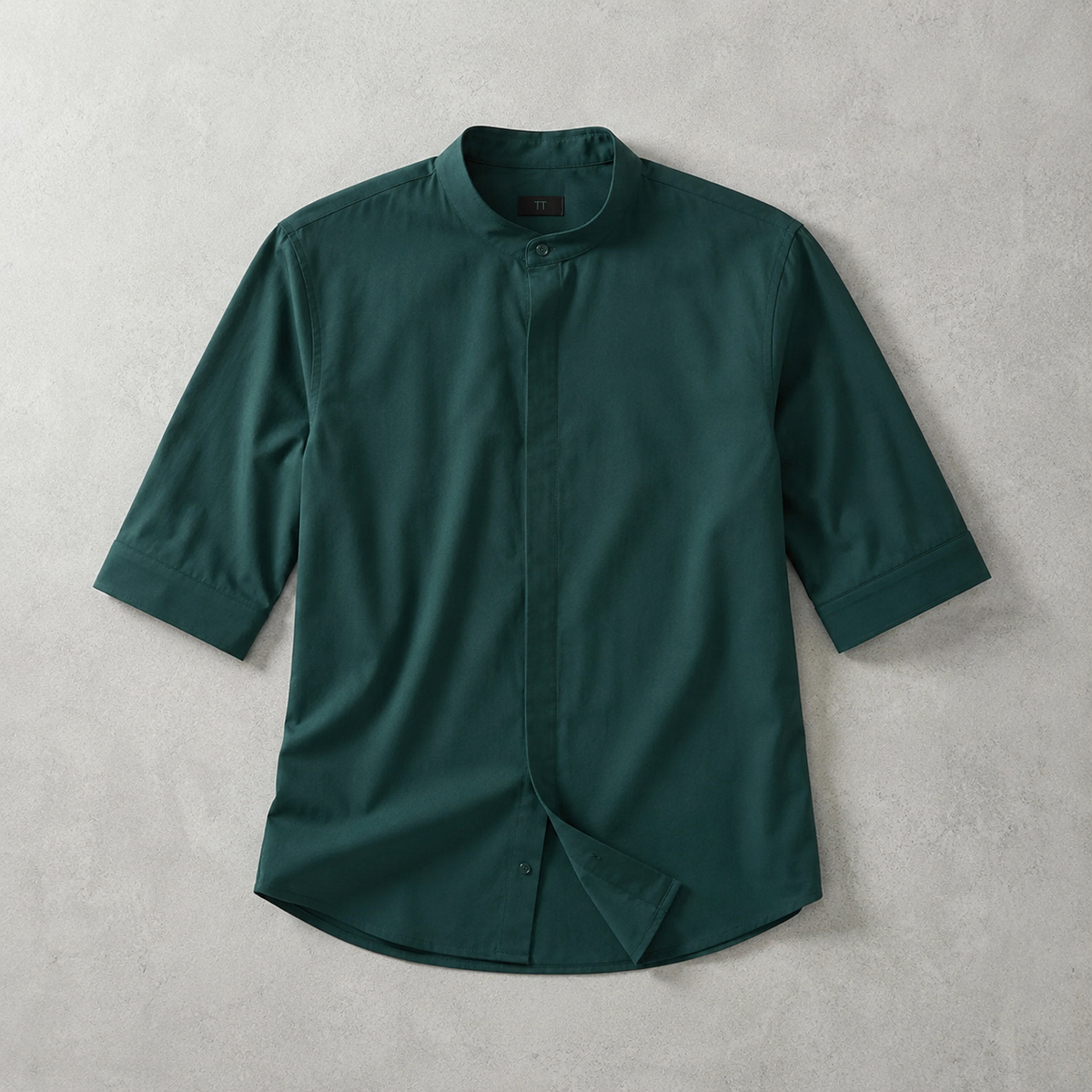 Men's Band Collar Shirt - Short Sleeve Casual Button Down