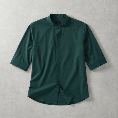Men's Band Collar Shirt - Short Sleeve Casual Button Down