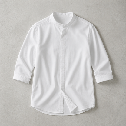 Men's Band Collar Shirt - Short Sleeve Casual Button Down