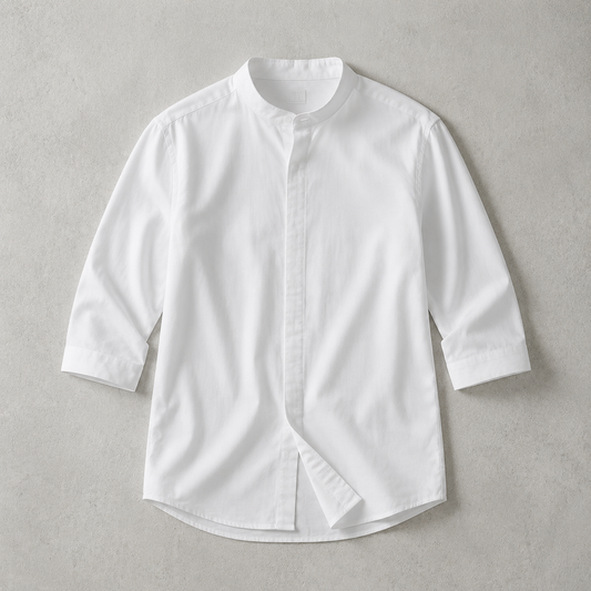 Men's Band Collar Shirt - Short Sleeve Casual Button Down