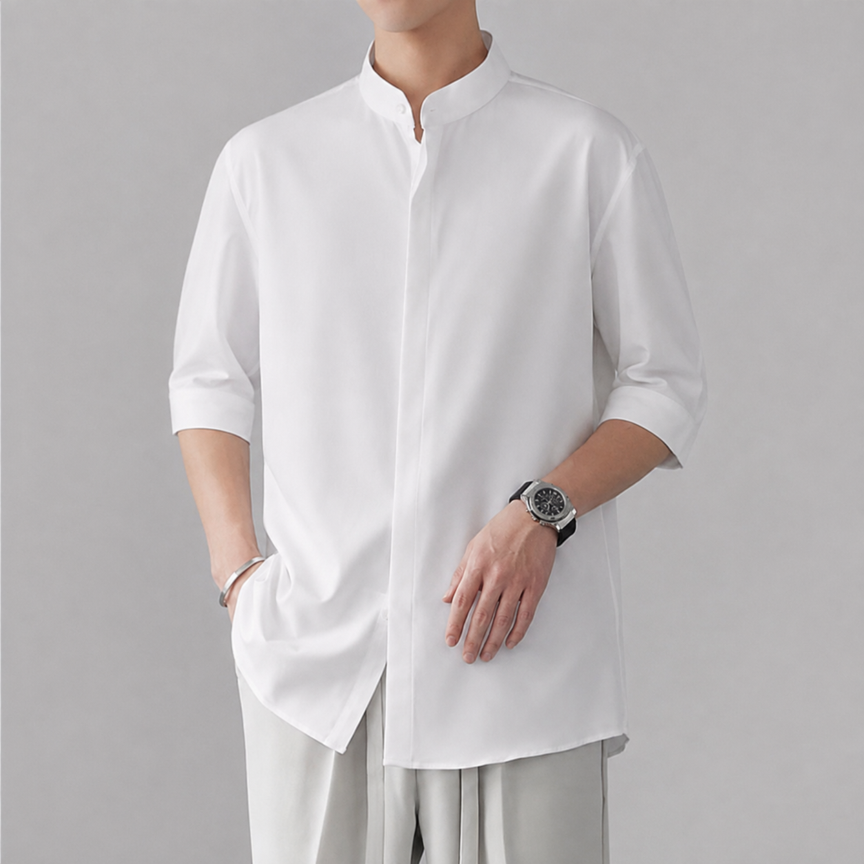 Men's Band Collar Shirt - Short Sleeve Casual Button Down