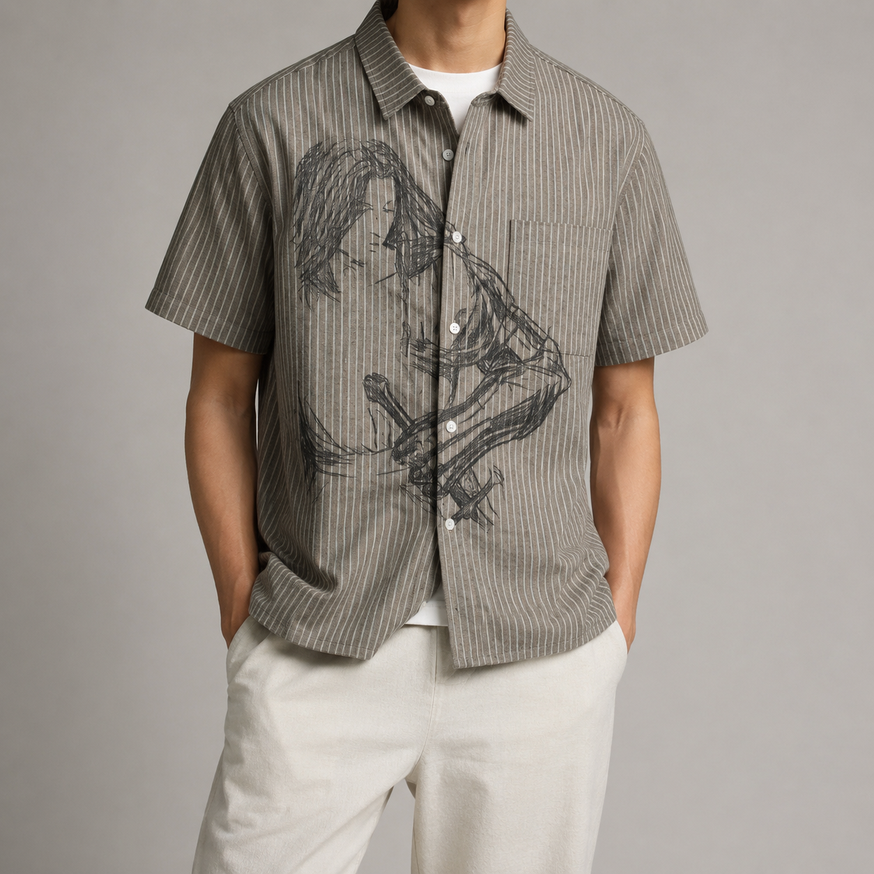 Men's Striped Shirt - Short Sleeve Casual Button Down