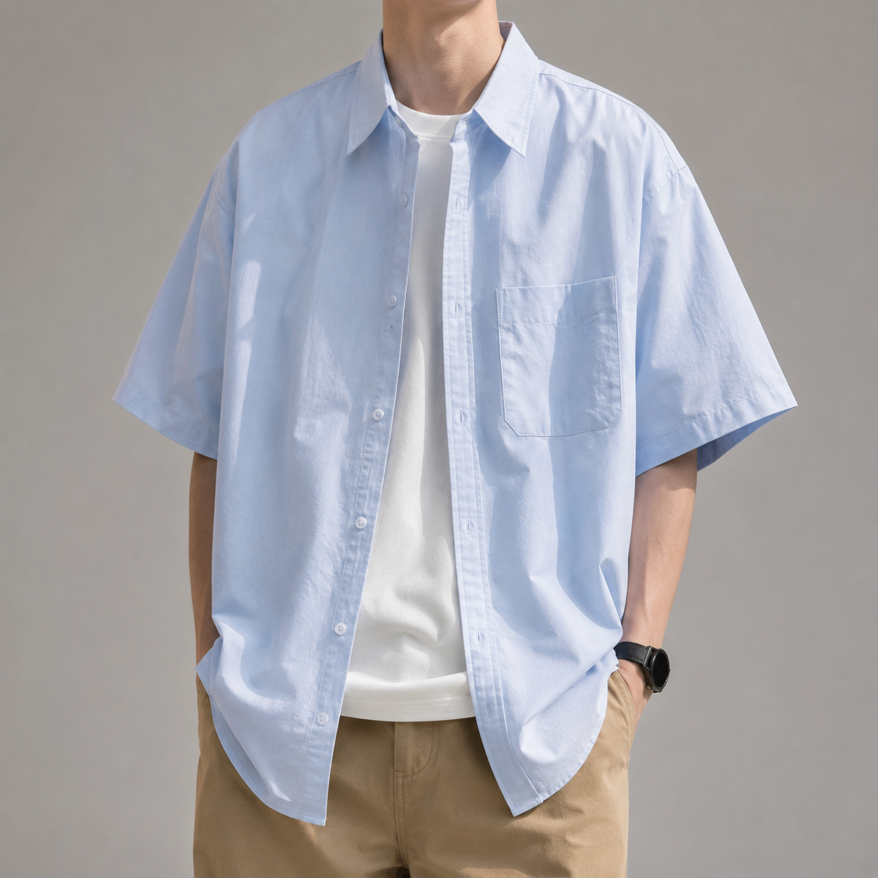 Men's Light Blue Shirt - Short Sleeve Casual Button Down