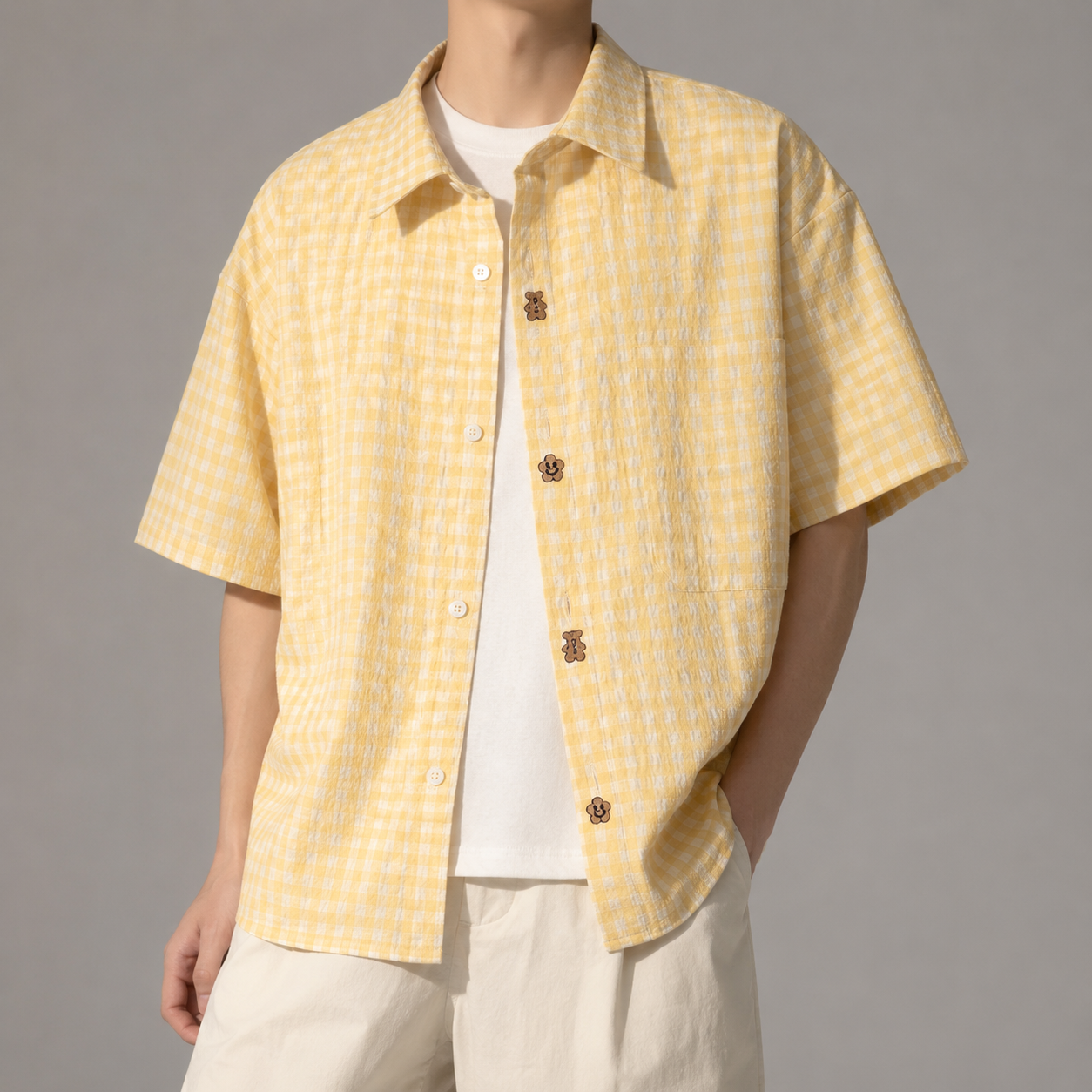 Men's Gingham Shirt - Short Sleeve Casual Button Down