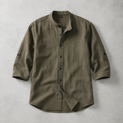Men's Band Collar Shirt - 3/4 Sleeve Casual Button Down