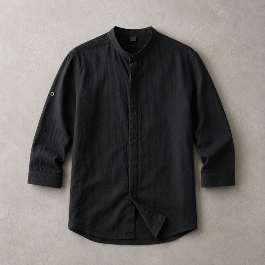 Men's Band Collar Shirt - 3/4 Sleeve Casual Button Down