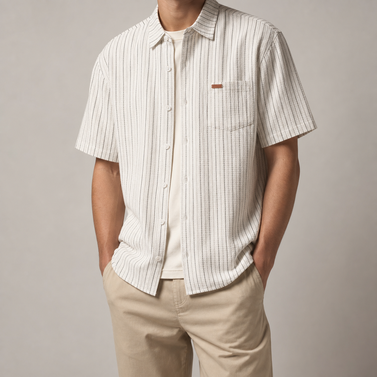 Men's Striped Shirt - Textured Short Sleeve Casual Button Down