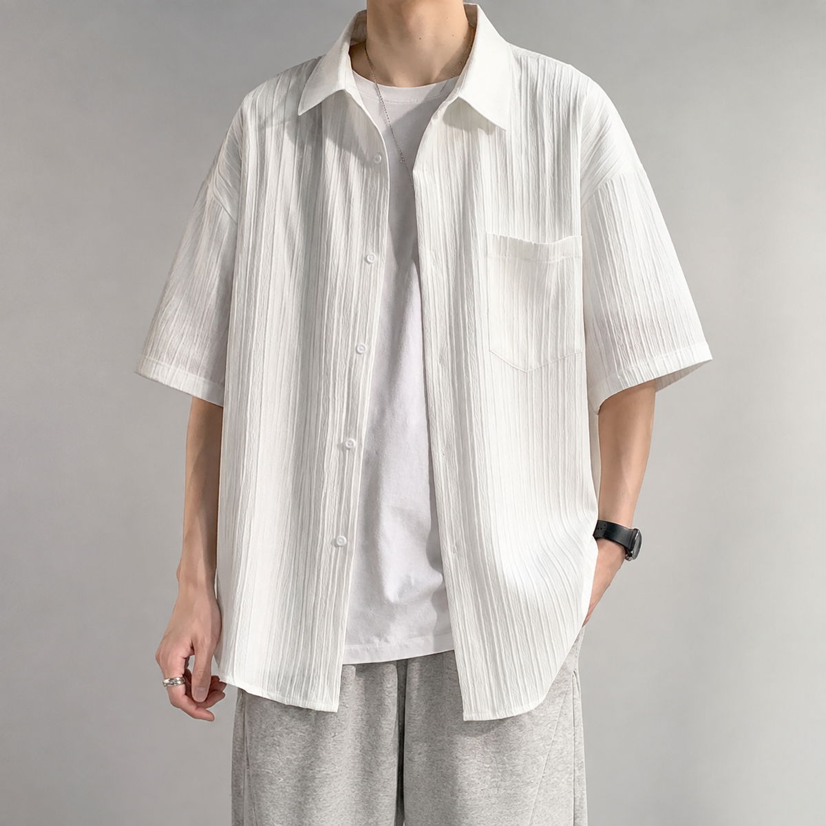 Men's Short Sleeve Shirt - Crinkle Texture Casual Button Down